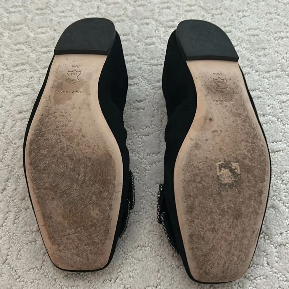 Tory Burch Black Crystal Bow Suede Ballet Flats